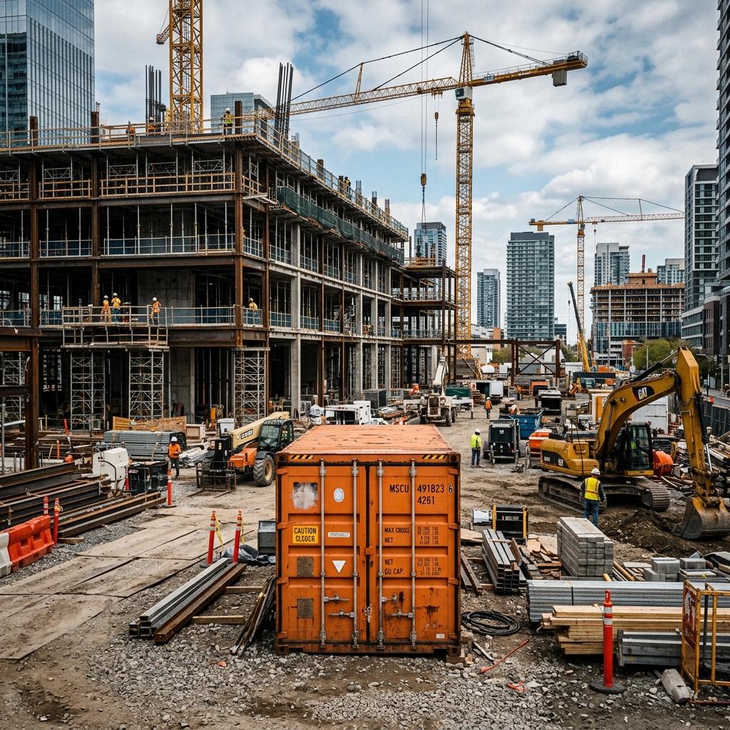 Contenedor marítimo en obra de construcción